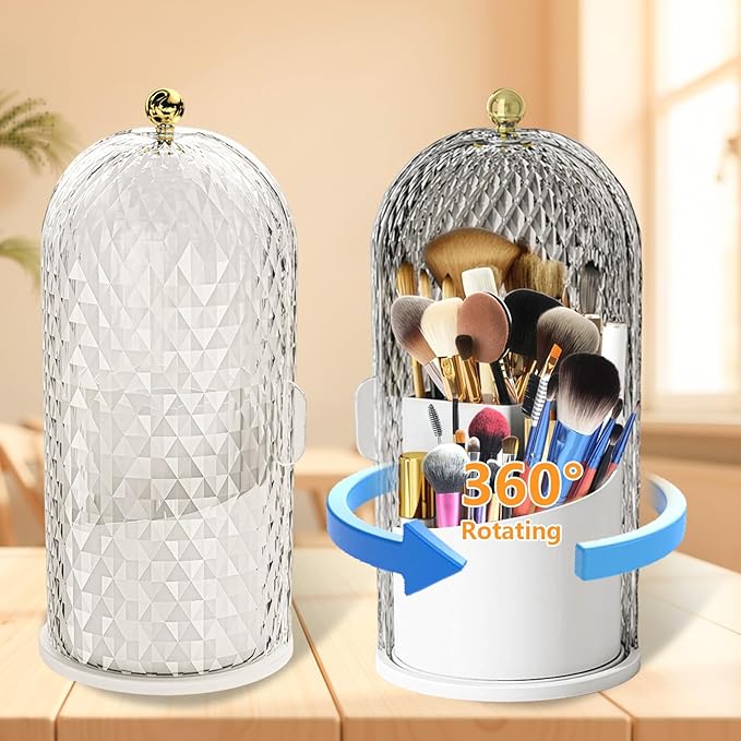 360 Rotating Makeup Brush Holder Organizer With Lid - Multifunctional Toothbrush Holder With Cover For Bathroom Countertop - Dustproof Storage For Make Up Brushes Toothbrush Toothpaste (White)
