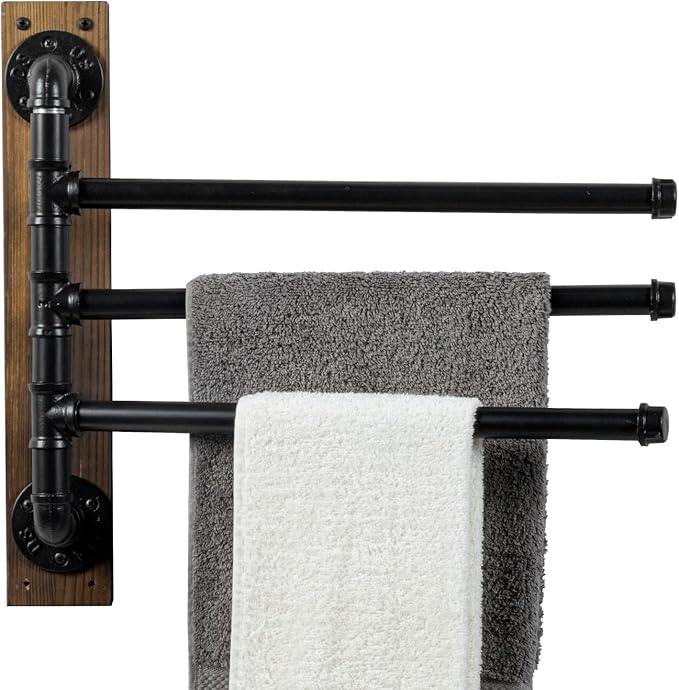 MyGift Swivel Towel Rack, Wall Mounted Towel Holder with 3 Tier Industrial Metal Pipe Towel Bars, Wooden Base Rustproof Swing Out Towel Hanger for Bathroom, Kitchen, Pool (Brown)