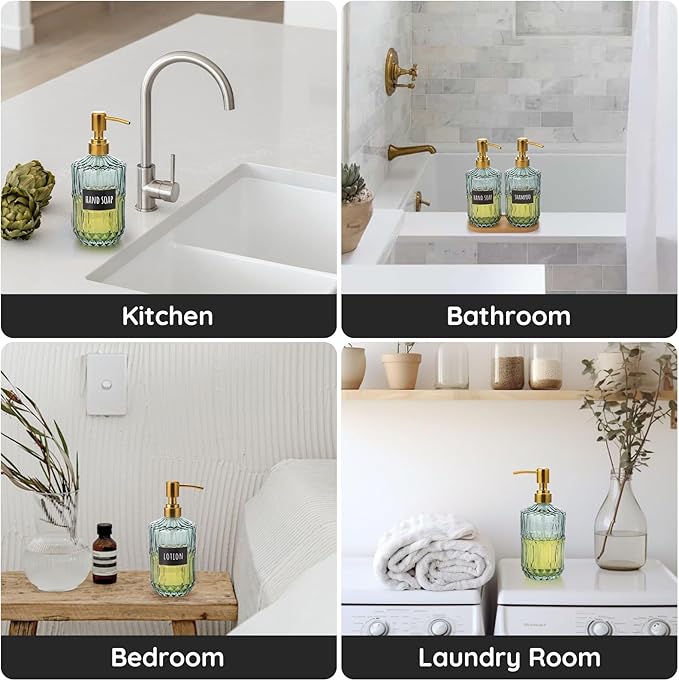 Segbeauty 15.2oz Glass Shampoo and Conditioner Dispenser with Label Stickers, 2pcs Green Glass Soap Dispensers with Stainless Steel Pump, 450ml Lotion Pump Bottle Liquid Containers for Cream Body Wash
