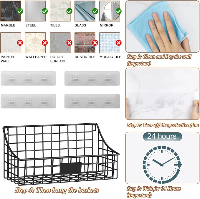 Sonyabecca Hanging Wall Wire Basket-4Pack,Large Metal Organizer Baskets & Bathroom Shower Shelf with 4 Adhesive Hooks+5 S Hook, Wall Mounted Baskets & Shelves for Bathroom, Kitchen Storage