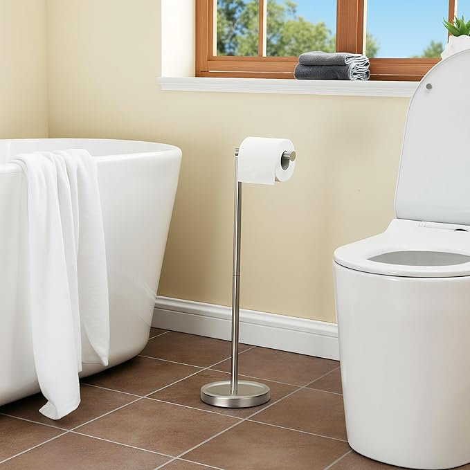 Songtec Toilet Paper Holder Stand, Sturdy Floor Standing Tissue Roll Holder for 5 Toilet Paper Rolls, Rust-Proof & Heavy Stainless Steel Base (Brushed Nickel)