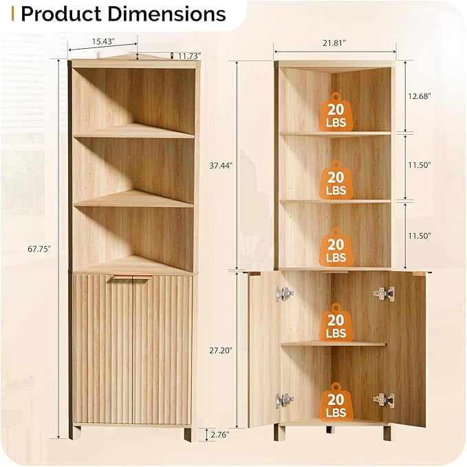 VINGLI 68" Tall Corner Cabinet with Fluted Door, Natural Oak Corner Storage Cabinet with Adjustable Shelves, Freestanding Bathroom Corner Cabinet with 30mm Thick-Look Top & Square Legs