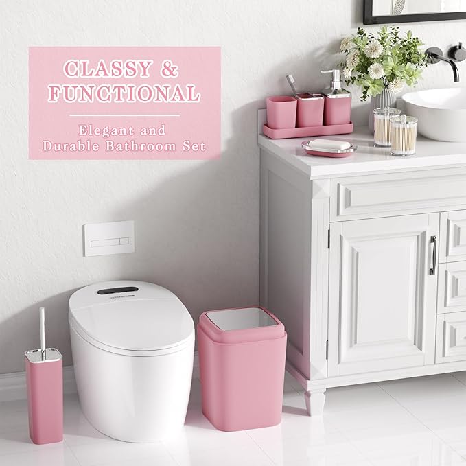 XLHOMO Bathroom Accessory Set–Bathroom Sets with Shower Curtain and Rugs, Non Slip Bathroom Rugs Super Absorbent, Pink Ombre Waterproof Shower Curtain with Hooks, Pink Bathroom Sets Complete for Home