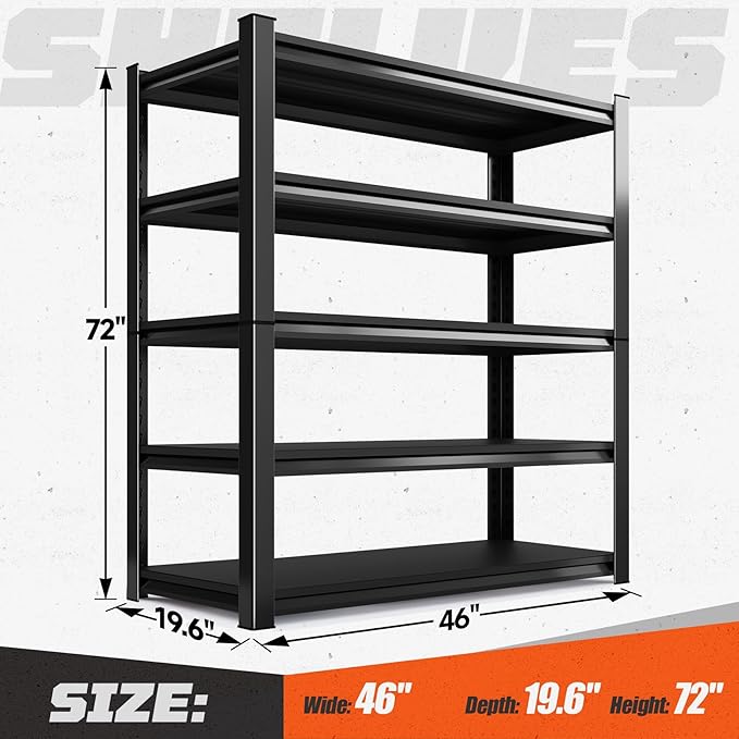 Garage Shelving, 5-Tier Garage Storage Shelves, 2000LBS Heavy Duty Shelves, 72" H x 46" W x 19.6" D Metal Shelving Unit, Utility Adjustable Storage Shelf for Warehouse, Basement, Closet