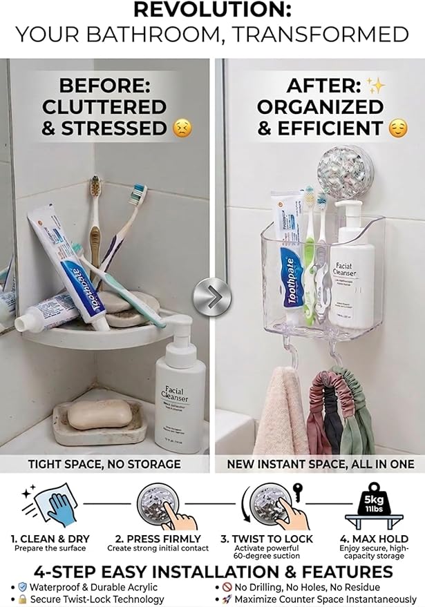 HOME&I Suction Cup Toothbrush Holder and Shower Caddy – Drill-Free, Removable, Powerful Suction Cup, Self-Draining Design for Bathroom & Kitchen – Holds Toothpaste, Razors, and Tableware