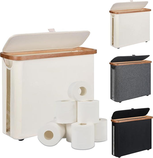 Toilet Paper Storage Basket with Lid - The Ultimate Bathroom Organizer, Free Standing Toilet Paper Holder for Up to 9 Mega Rolls, Toilet Tissue Storage Bin with Handle for RV Closet, Beige