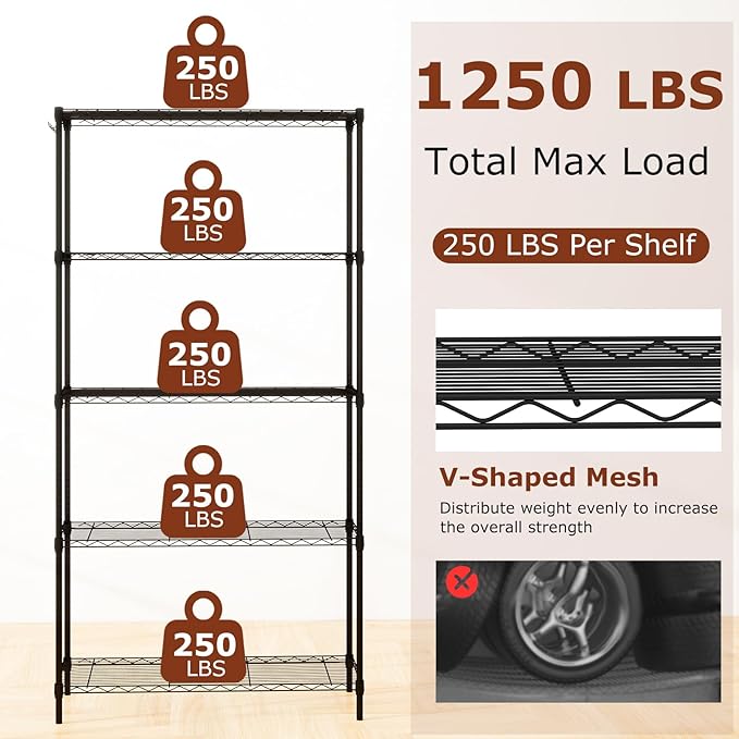 GOFLAME 5-Tier Metal Storage Shelving Unit, Heavy-Duty Adjustable Utility Shelf with V-Shaped Wire Rack, 450 LBS Storage Organizer for Home, Kitchen, Garage, Basement, 36”L x 14”W x 72”H