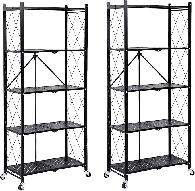 HealSmart Heavy Duty 5-Tier Foldable Metal Rack, 27.95" D x 14.96" W x 63.78" H Storage Shelving Unit 1250 lbs with Wheels Moving Organizer Shelves for Garage Kitchen, Black, 2 Pack