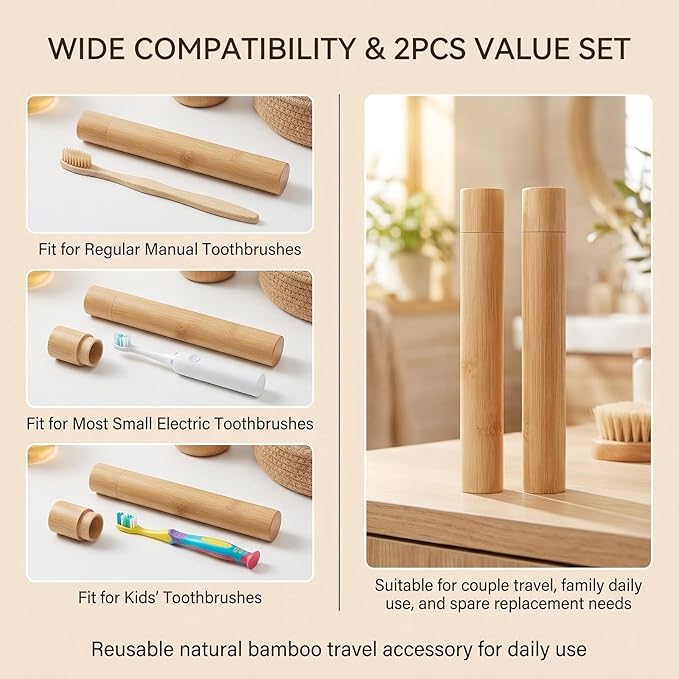 2 Pcs Natural Bamboo Toothbrush Storage Holder Empty Reusable Portable Toothbrush Case with Cover Personal Cleaning Tools Container Organizer Tube for Travel Trip
