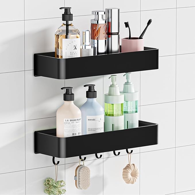Wisfame Shower Caddy Adhesive, No Drill Rustproof Bathroom Shelf, 2 Pack Large Capacity Aluminum Shower Shelves, Shower Organizer Rack with 5 Removable Hooks,Black