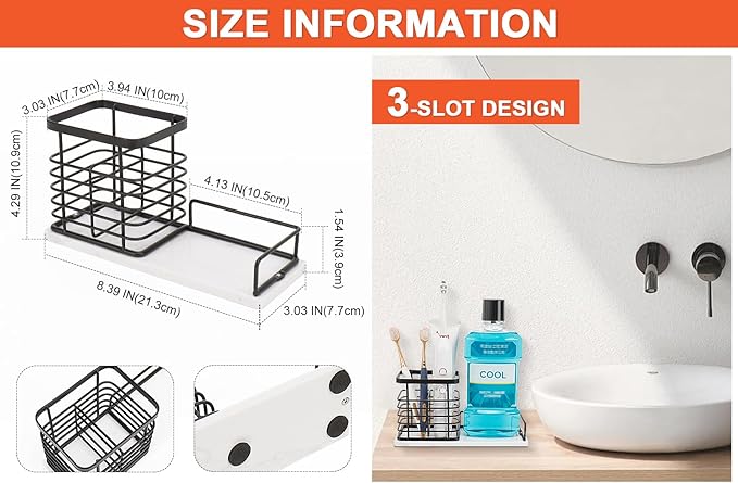 Toothbrush Holder, Luxurious Metal Toothbrush Toothpaste Holder with Marble Base for Bathroom, Multi-Slots Openwork Design, Bathroom Accessory for Storage and Organizer (Large, Matte Black)