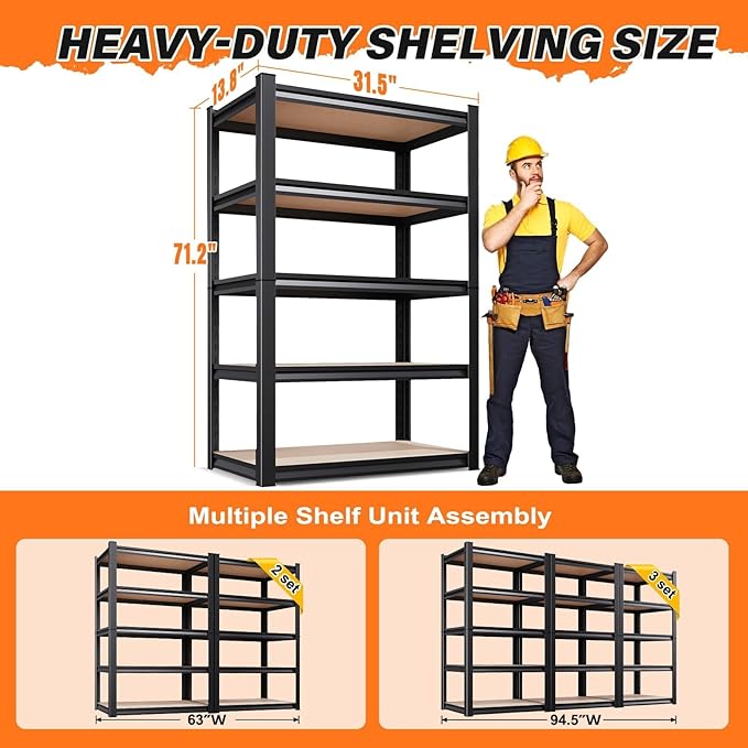 3-Pack 71.2''H Storage Shelves, 2500lbs Garage Shelving,Adjustable Heavy Duty Shelving Unit,5T Tall Garage Shelves，Wood Metal Standing Shelf Units,Utility Rack For Kitchen 71.2''H*31.5''W*13.8''D