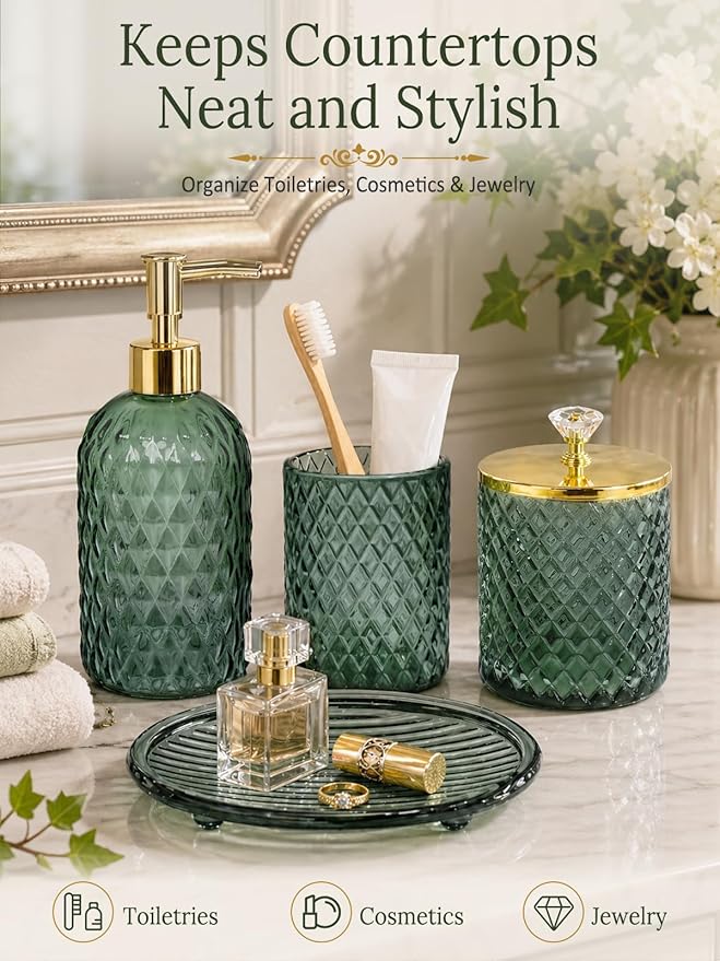 Bathroom Accessories Set, 4Pcs Sage Green Glass Bathroom Accessory Set Complete w/Lotion Soap Dispenser, Toothbrush Holder, Qtip Holder, Soap Dish, Gold Bathroom Decor Sets, Gift for Home Apartment