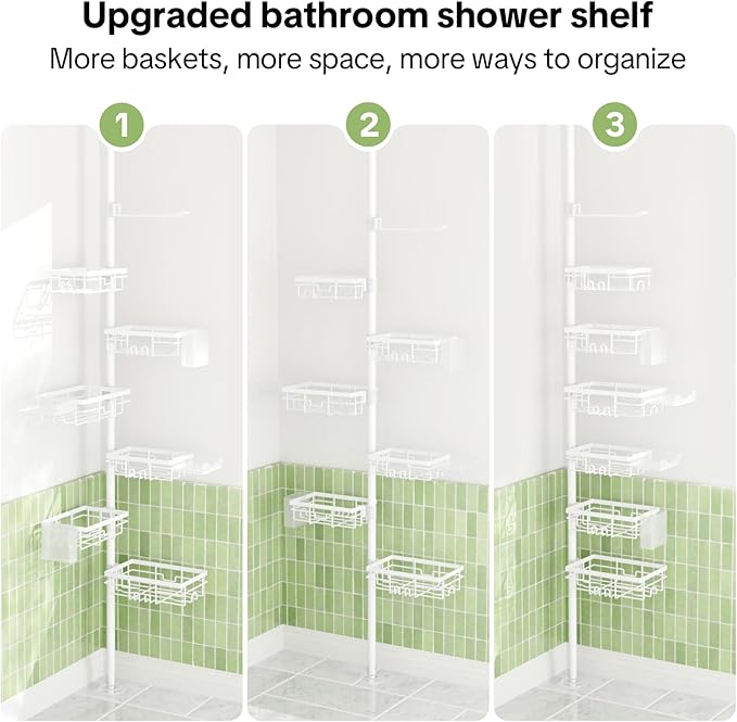 Shower Tension Rod Organizer, 6 Tier Rustproof Corner Shower Caddy Tension Pole with Soap Holder & Hooks, Adjustable 30-121 Inch Bathroom Shelf for Renters - Family Stand Storage Rack, White