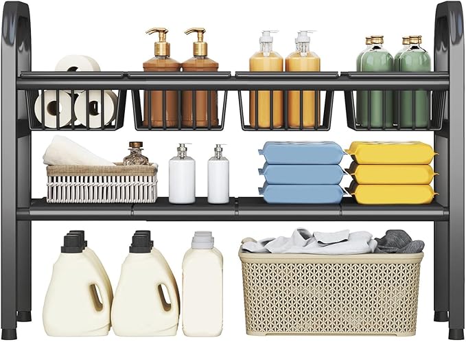 Under Sink Organizer Bathroom Expandable 2 Tier,Bathroom Cabinet Organizer,Adjustable Black Cabinet Shelf for Kitchen Bathroom Laundry,Under Sink Storage Rack with Removable Baskets and Panels