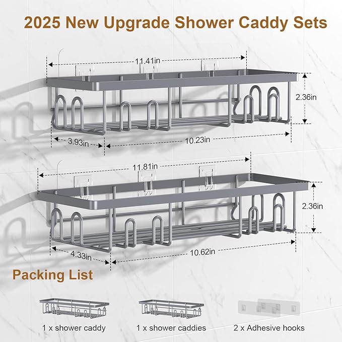 Getsrichfc Shower Caddy Adhesive, Rustproof Shower Shelves for Inside Shower, Large Capacity Bathroom Organizers and Storage, Shower Storage with Removable Hooks, No Drill Bathroom Accessories Grey