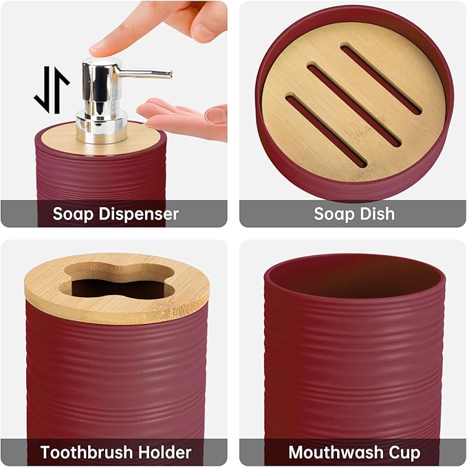 4 Pieces Bamboo Bathroom Accessories Set, Bathroom Accessory Set with Soap Dispenser and Toothbrush Holder, Soap Dish and Toothbrush Cup, Boho Bathroom Decor(Burgundy)