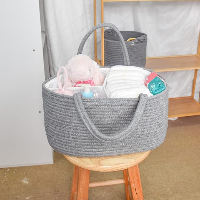 ABenkle Diaper Caddy Organizer, Rustic Boho Cotton Rope Nursery Baby Basket, Changing Table Organizer for Baby Diaper Storage, Neutral Grey