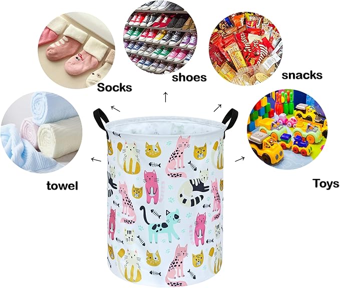 Kids Laundry Hamper Storage Basket Laundry Organizer Hamper Storage Bins Clothes Box Nursery Hamper Gift Basket with Handles (Cat)
