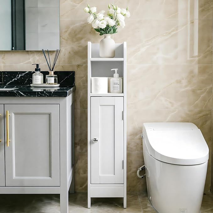 SUPER DEAL Small Bathroom Storage Corner Cabinet, Narrow Floor Bathroom Toilet Paper Storage Organizer with Adjustable Shelves for Small Spaces, White