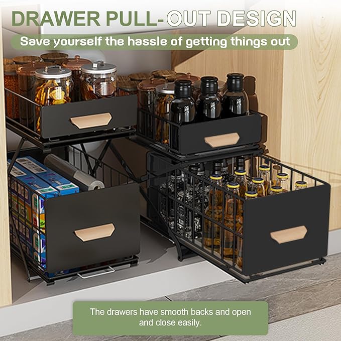 2 Tier Pull Out Pull out Cabinet Organizer with Adjustable Height, Under Sink Organizer, Slide out Pantry Shelves Drawer Storage for Kitchen Organization (Black, 2 Tier)