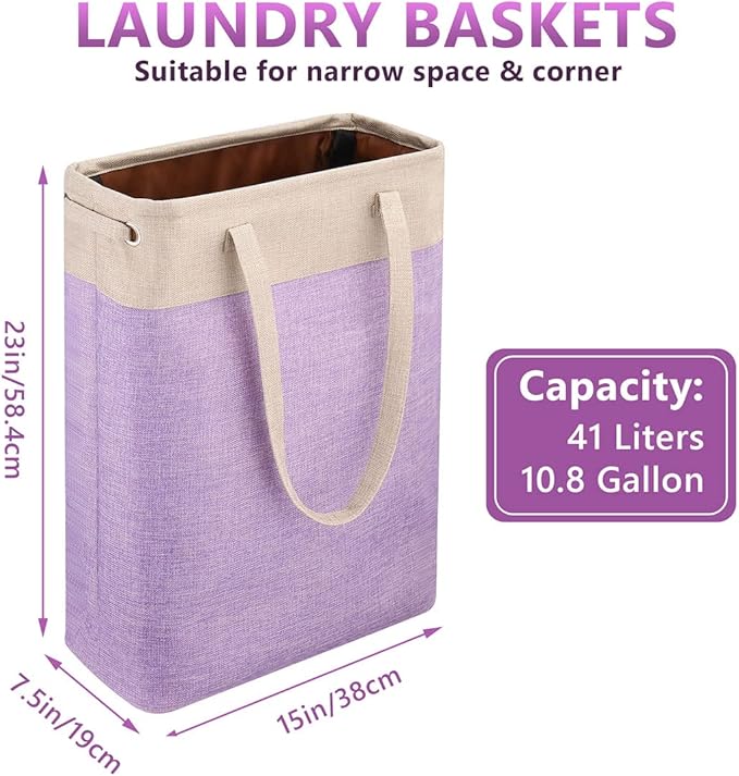 Laundry Basket with Handles Beige&Purple Slim Laundry Bin Collapsible Dirty Clothes Basket Narrow Laundry Bag Foldable Dirty Hamper for Camping, Dorms, Apartments