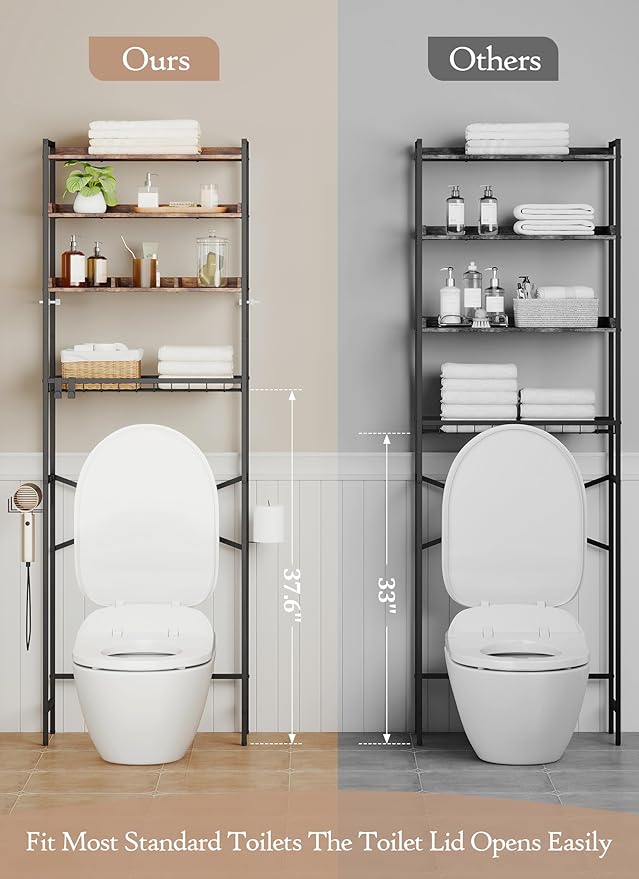 Quikraen 4 Tier Over The Toilet Storage Shelf with 3 Adjustable Shelves, Space Saver Bathroom Organizer with 4 Hooks, Freestanding Above Toilet Rack for Restroom Laundry (Brown)