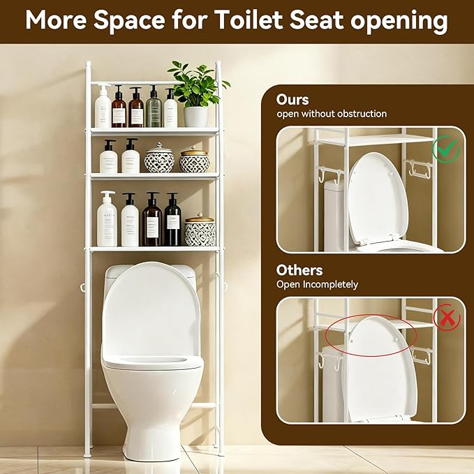 3-Tier Over The Toilet Rack,Bathroom Shelf Space Saver,Corner Stand Storage Organizer Accessories,The Over The Toilet Storage,with Hanging Rod,Tower Shelf,White