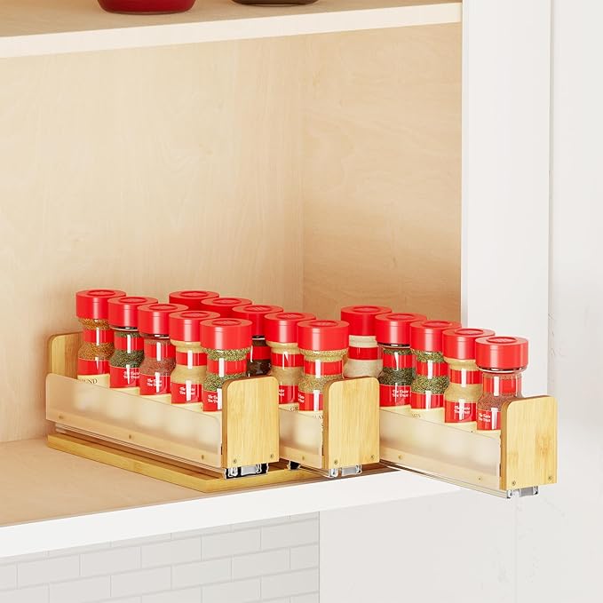 SpaceAid Bamboo Pull Out Spice Rack Organizer for Cabinet, Heavy Duty Slide Out Seasoning Kitchen Pantry Sliding Vertical Organization, 7.6" Wide, 3 Drawers(2" Wide), 1-Tier, Natural