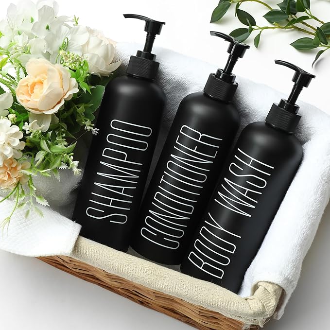 HOMCDALY Black Shampoo and Conditioner Dispenser, 16oz 3-Pack Refillable Pump Bottles, Shampoo Conditioner Body Wash Dispensers Bottles, Bathroom Shower Dispenser (Black-2