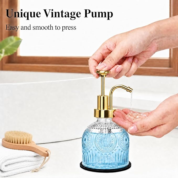 SheeChung Vintage Soap Dispenser, Kitchen Dish Soap Dispensers with Pump Mat, Glass Hand Soap Dispenser for Bathroom, Liquid, Lotion, Refillable, Rustic Farmhouse Decor-Clear (Gold Pump, 1 pk)