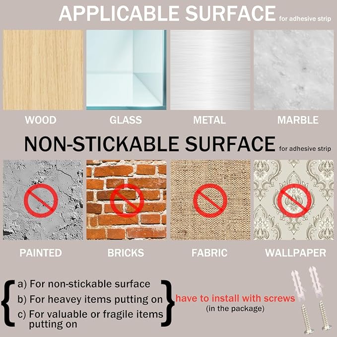 EHKIT Small Floating Shelf Heavy Acrylic Adhesive Stick on Sticky Strips/Nail Screws Wall Mount Bathroom Organizer Wipes Phone Glasses Essential Oil Perfume (White)