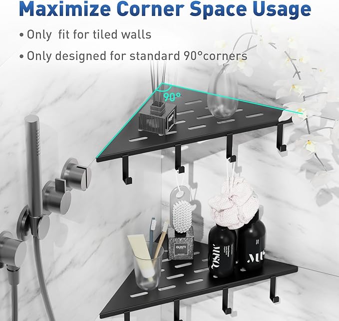 lives Corner Shower Shelves 2 Pack, 10" Black Corner Shelf for Bathroom, 304 Stainless Steel Grout in Bathroom Shower Shelf for Tiled Wall, Waterproof, Easy Install（with Hook）