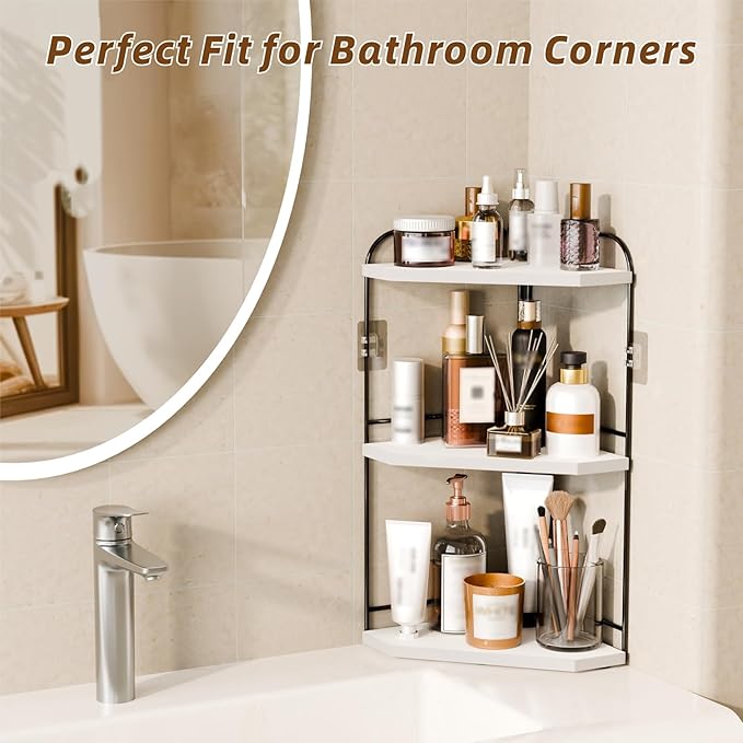 Corner Bathroom Counter Organizer, 3-Tier Wood Countertop Organizer for Perfume, Makeup Storage, Skincare Organizers for Vanity, Counter Corner Shelf for Kitchen, Bathroom, Dresser (White)