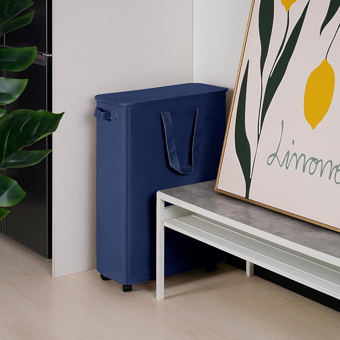 Vincona Slim Laundry Hamper with Lid and Wheels, Small Rolling Laundry Basket with Handle for Small Spaces, Tall Dirty Clothes Hampers for Dorm, Bathroom and Bedroom, 75L, Blue