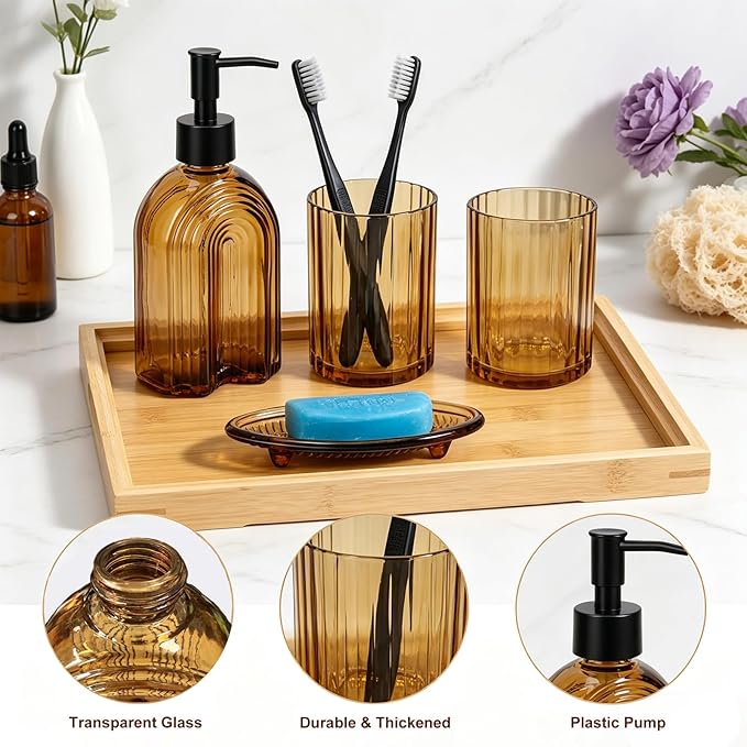 Amber Bathroom Accessories Set, 4Pcs Glass Bathroom Accessories Set Complete Lotion Soap Dispenser, Toothbrush Holder, Mouthwash Cup, Soap Dish for Bathroom Decor, Countertop Organizer
