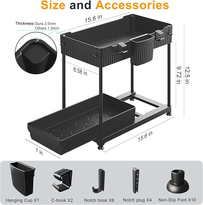 Sevenblue 2 Packs Under Sink Organizer, Height Adjustable 2 Tier Under Kitchen Sink Organizer, Multi-Purpose Storage Shelf for Kitchen Bathroom Cabinet (Black, L)