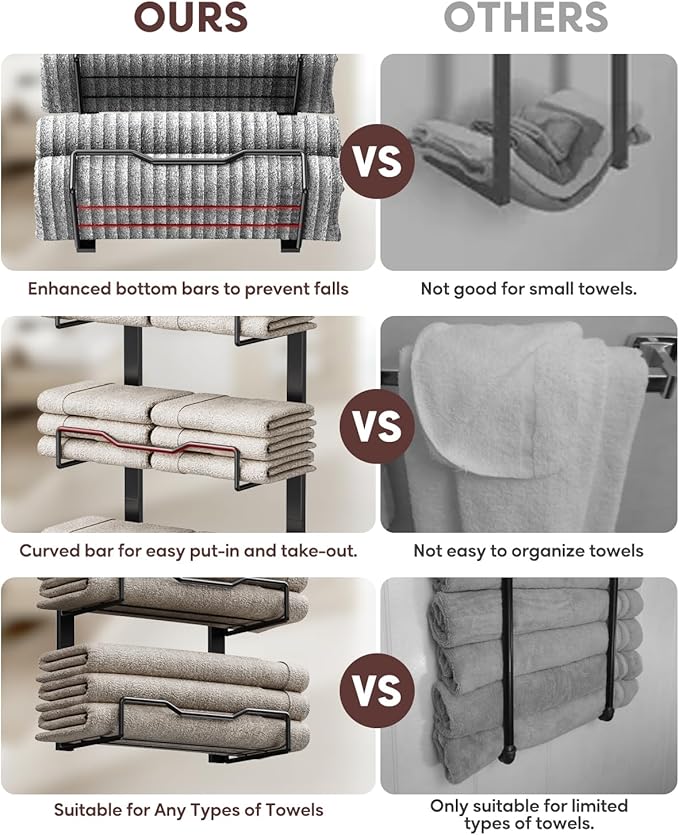 Aetyord Hanging Towel Racks for Bathroom No Drill - 6-Tier Over The Door Bath Towel Storage Organizer for Small Bathrooms - Tiered Back of Door Towel Holder Hanger for Rolled Towels RV Camper Black