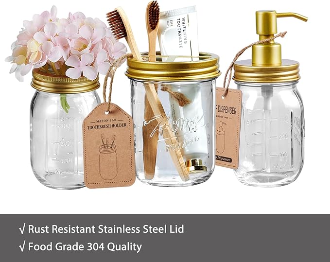 SheeChung Mason Jar Toothbrush Holders, Glass Toothbrush Holders for Bathroom, Bathroom Essentials, Mason Jar Bathroom Accessories Set, Bathroom Countertop Organizer-Gold