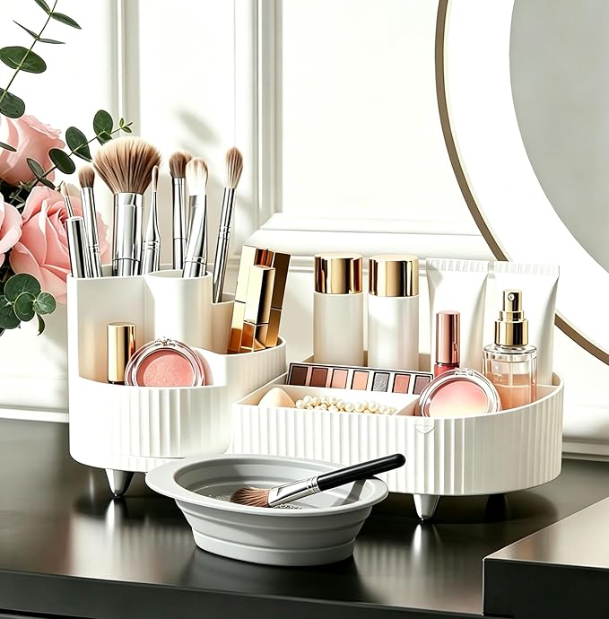 360 Rotating Makeup Organizer for Vanity Large Capacity Cosmetic Organizers with Makeup Brush Holder,Bathroom Counter Organizer and Vanity Organizer,Includes Collapsible Makeup Brush Cleaning Bowl