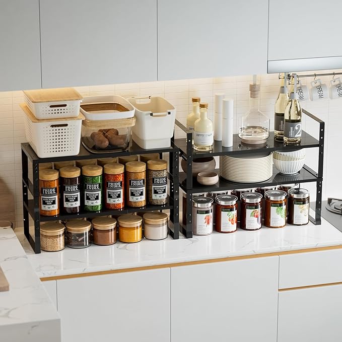 Jojocross Expandable,Stackable Spice Rack,Seasoning Organizer and Storage,Spices Jar Racks for Cabinet,Countertop, Metal Pantry, Cupboard,Laundry Storages,Heavy Duty(1 PACK/MEDIUM/BLACK)