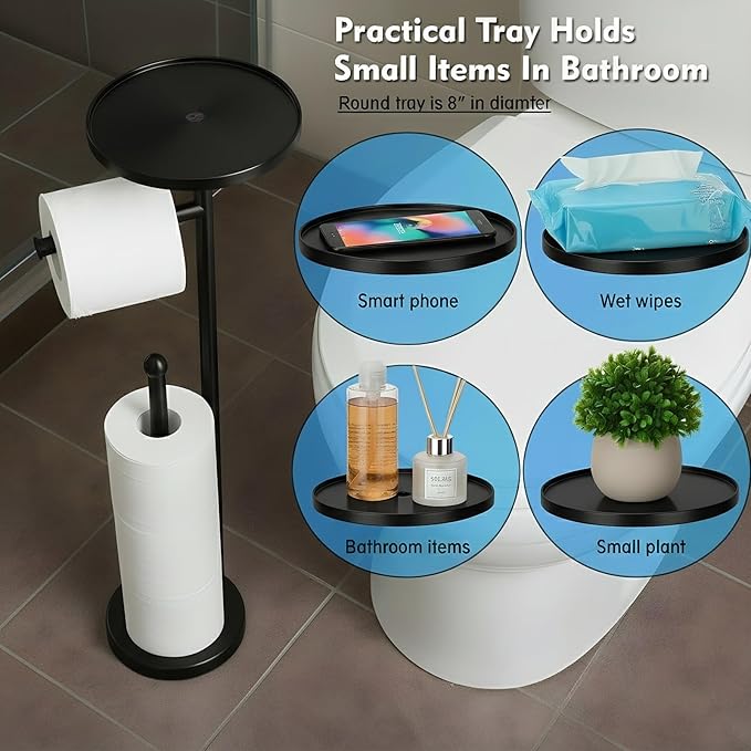 Toilet Paper Holder with Shelf, Tissue Roll Holder Stand with Storage Space for Holding Extra 4 Toilet Paper Rolls, Stainless Steel Rustproof Freestanding (Black Matte)