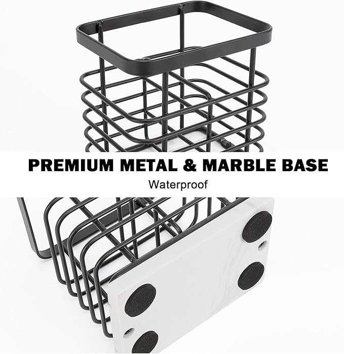 Toothbrush Holder, Luxurious Metal Toothbrush Toothpaste Holder with Marble Base for Bathroom, Multi-Slots Openwork Design, Bathroom Accessory for Storage and Organizer (Small, Matte Black)