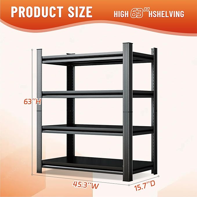 4-Tier Kitchen Shelf Organizer, Solid Metal Adjustable Storage Rack for Pots, Pans, Bottles & Pantry Goods, Space-Saving, Black45.3''W×15.7''D×63''H