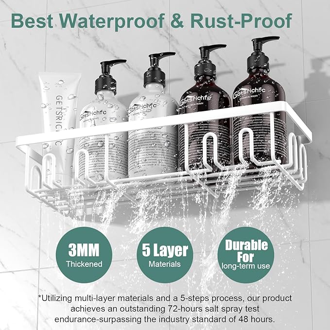 Getsrichfc Shower Caddy Adhesive, Rustproof Shower Shelves for Inside Shower, Large Capacity Bathroom Organizers and Storage, Shower Storage with Removable Hooks, No Drill Bathroom Accessories White