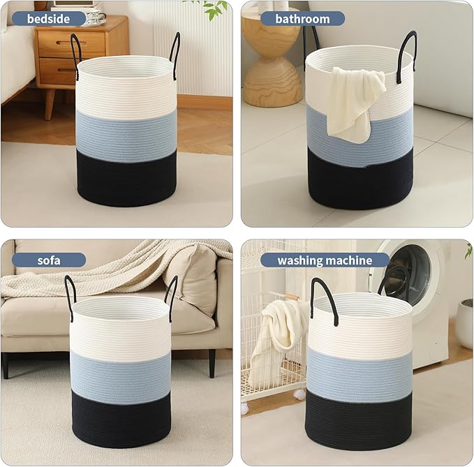 Laundry Basket Hamper Tall Rope Storage Woven for Blanket toys Dirty Clothes in Living Room Bathroom Bedroom (Gradient Blue, 80L/21.3Gal)