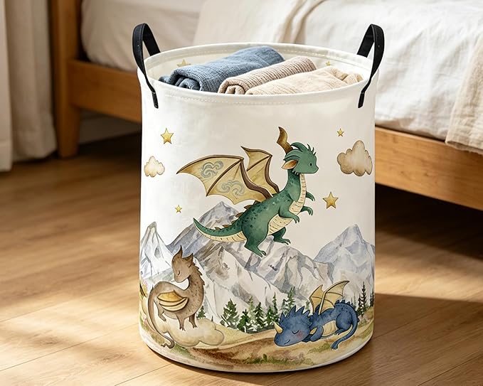ESSME Kids Laundry Basket,Dinosaur Hamper Collapsible Canvas Waterproof Storage Bin for Girls, Cute Hamper,Gift Baskets(Mountain dinosaur)