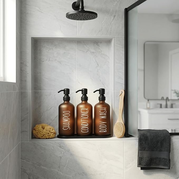 MOMEEMO Amber Shampoo and Conditioner Bottles with Tray, Shower Bottles Refillable with Labels, Hotel Shampoo and Conditioner Dispenser for Shower, Body Wash Container with Pump (Amber)