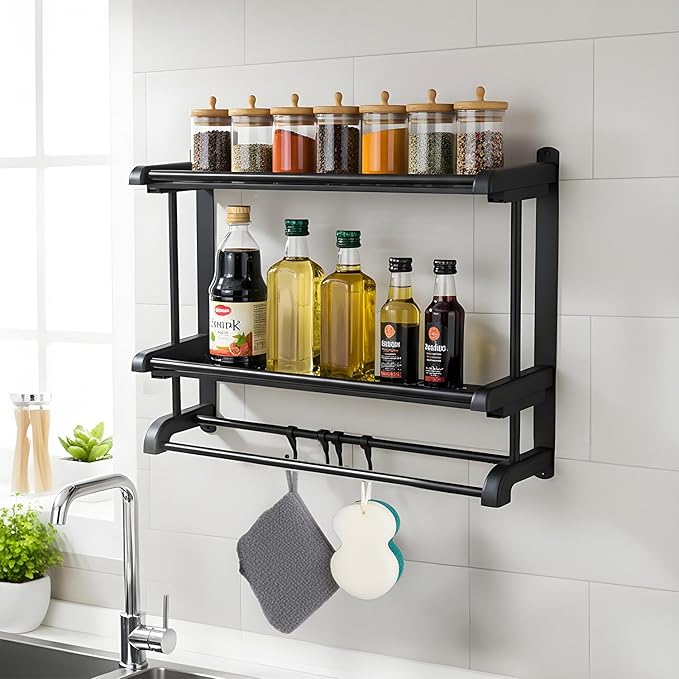 Stainless Steel Shower Organizer with Towel Bar - Rustproof Bathroom Shelf with Ventilated Design, Wall Mounted 2-Tier Storage Rack for Bath Products & Hanging Towels (Black)