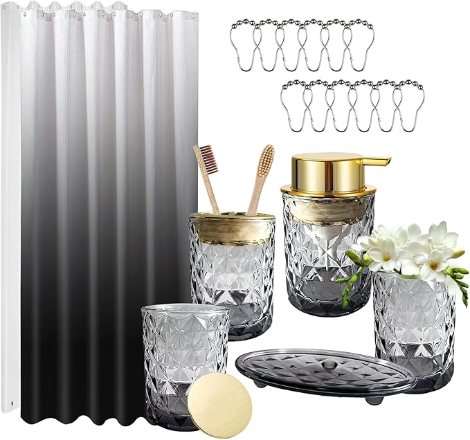 Black Glass Bathroom Accessories Set with Shower Curtain and Liner, 7-Piece Bathroom Decor Set, Soap Dispenser, Toothbrush Holder, Soap Dish, Vanity Tray, Complete Bathroom Makeover Set